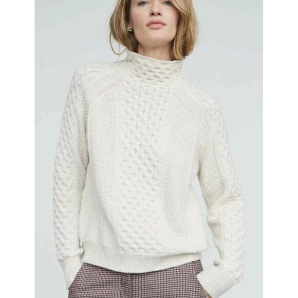 Vince Fisherman Cable Knit High Neck Sweater Womens Small Beige Cashmere Wool - Picture 1 of 13